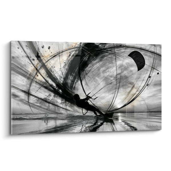 Tableau Kitesurfeur silhouette noire tourbillon gris - Vertige marin - Edition Kite surf
