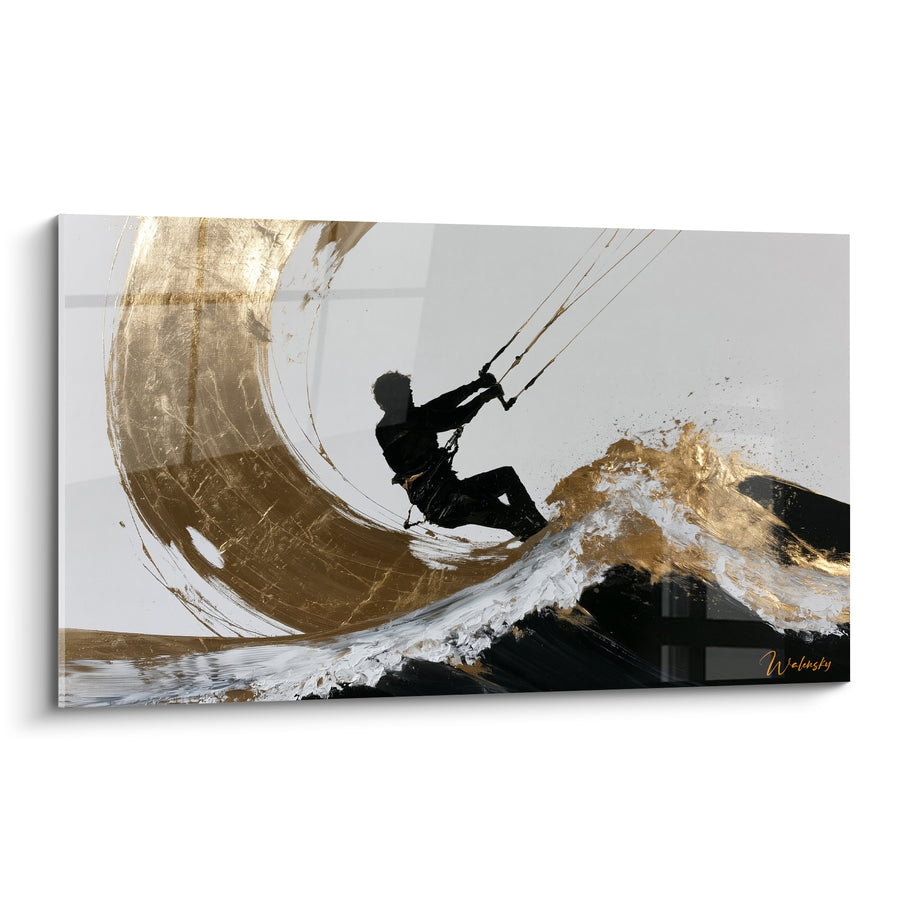 Tableau Kitesurfeur silhouette noire vague dorée - Élan sur la crête - Edition Kite surf