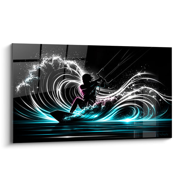 Tableau Kitesurfeur silhouette noire et bleu turquoise - Vitesse nocturne - Edition Kite surf