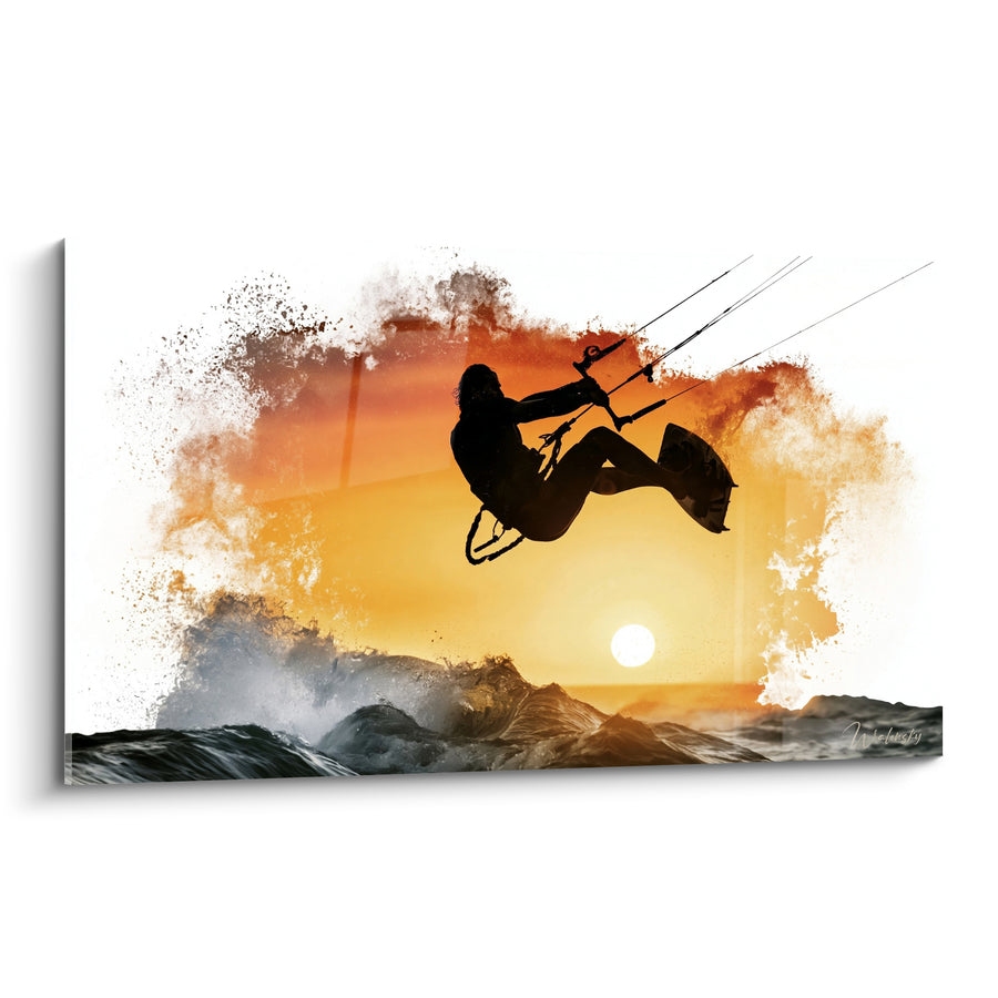 Tableau Kitesurfeur silhouette noire nuage orange et blanc - Soleil rond bas horizon - Edition Kite surf