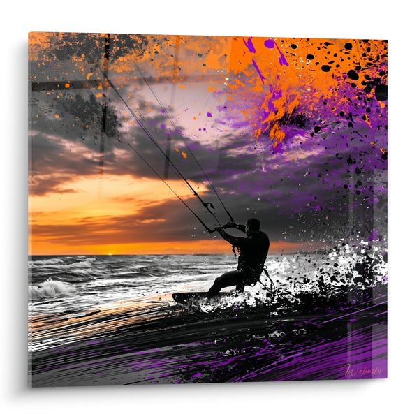 Tableau Kitesurfeur silhouette orange et violet éclaboussé - Glisse au crépuscule - Edition Kite surf