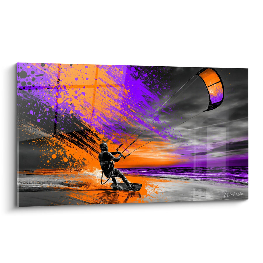 Tableau Kitesurfeur explosion violette et orange sur écume - Ciel strié de nuages - Edition Kite surf