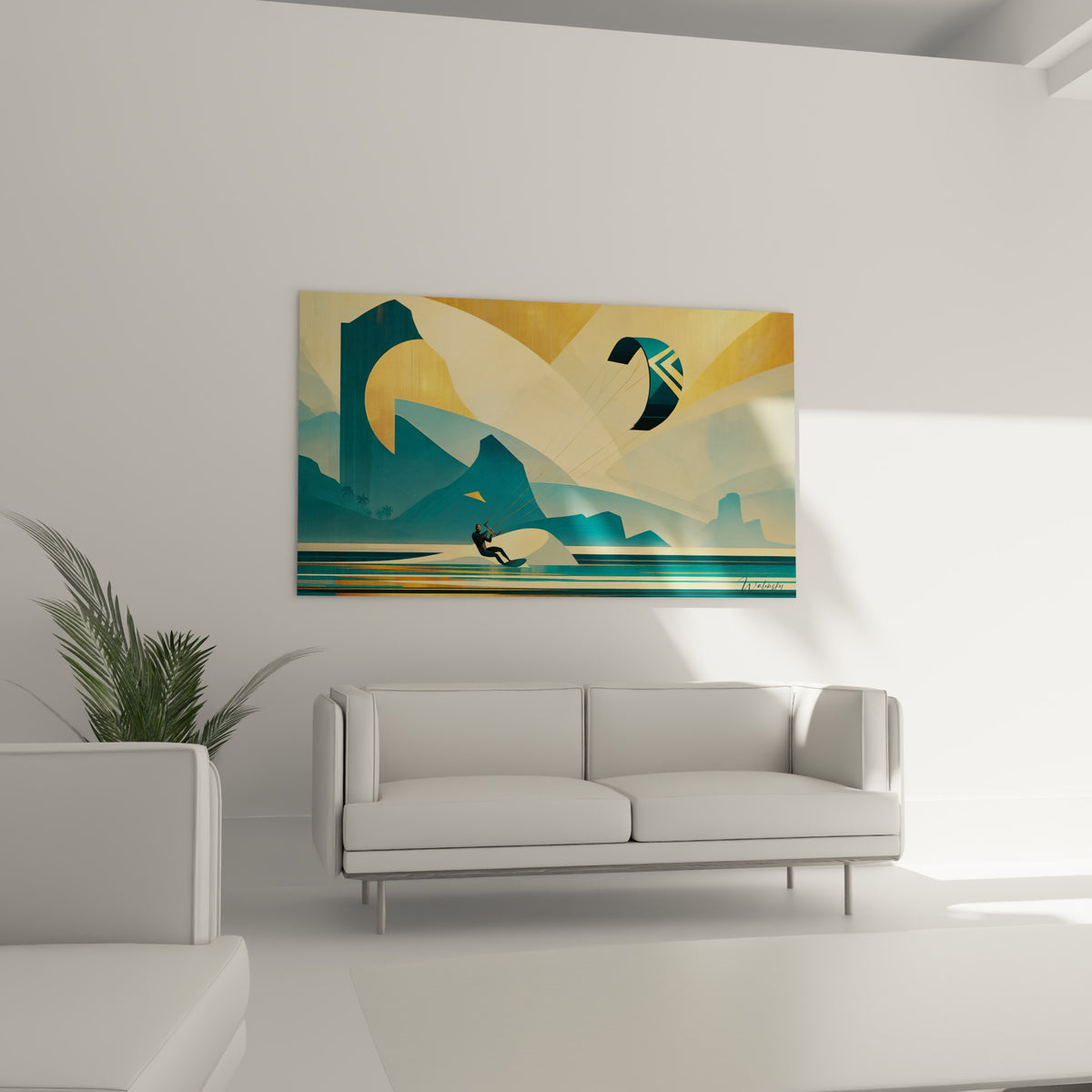 Silhouette de kitesurfeur face aux montagnes bleu marine, au-dessus d'un canapé dans un salon lumineux