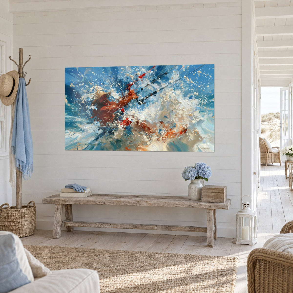 Tableau cerf-volant tendu et embruns crémeux, peau cuivrée et vagues azur, accroché sur un mur de lattes blanches près d'un banc