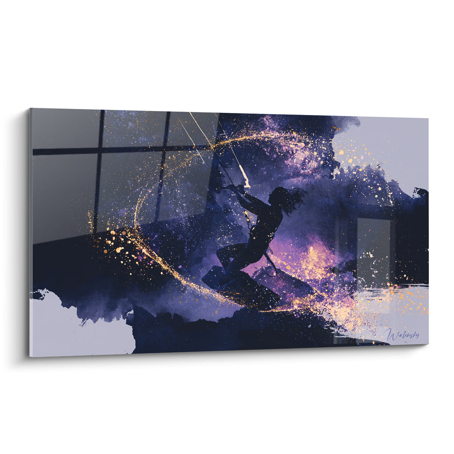 Tableau Kitesurfeuse silhouette violette et dorée - Envol nocturne - Edition Kite surf
