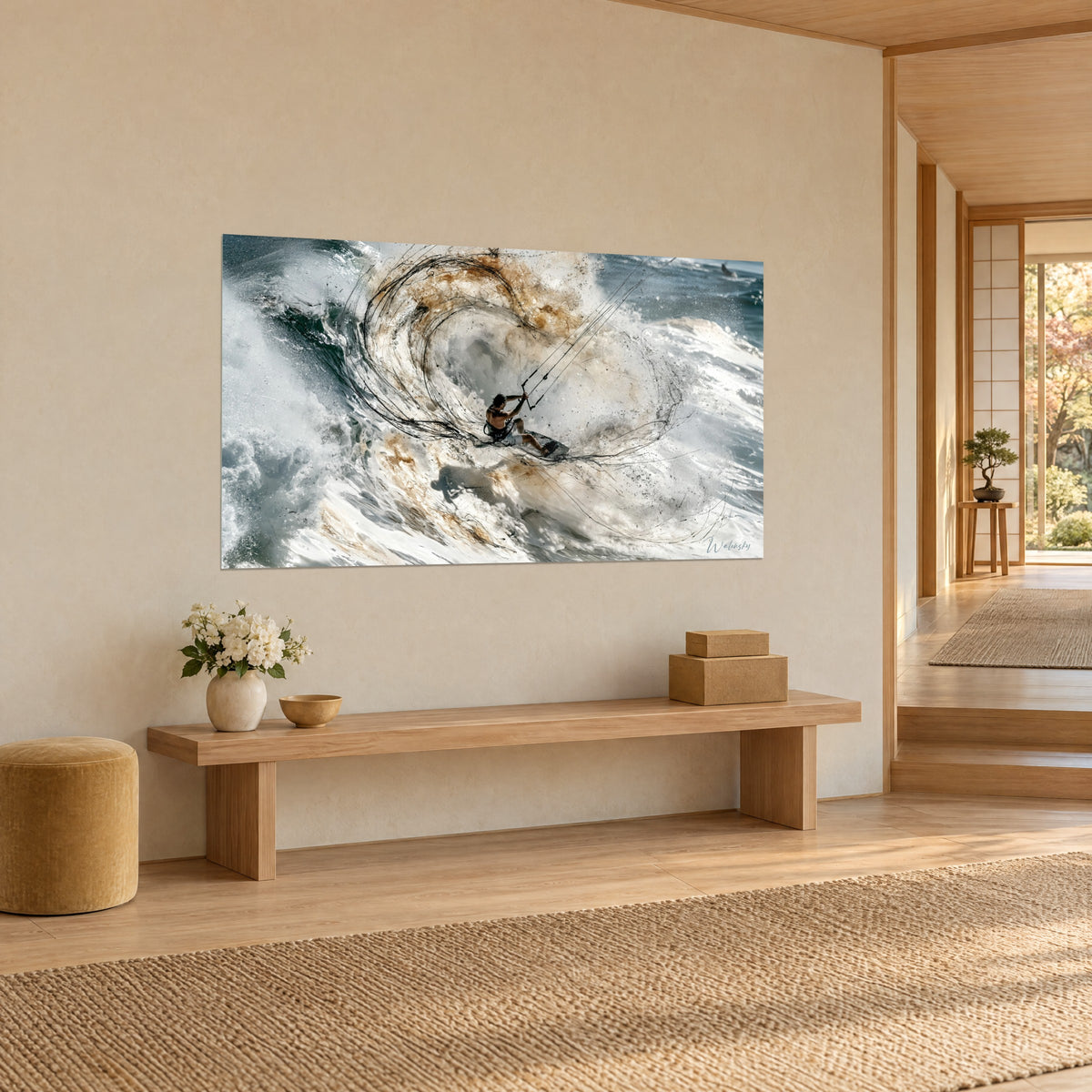 Quadro atleta sportivo che scivola sul muro di un'onda a spirale, schiuma avorio e tratti neri, vista a tre quarti in un soggiorno japandi