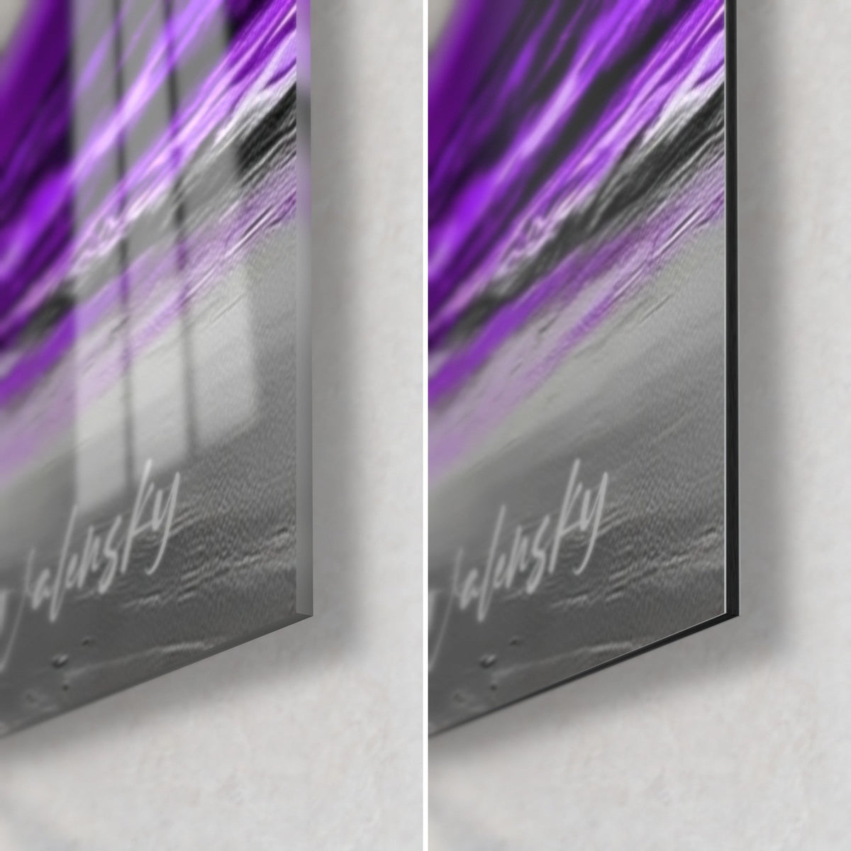 Tableau kitesurfeur en éclaboussures violettes sur ciel gris, coin bas droit : verre acrylique brillant à gauche, Dibond noir mat à droite