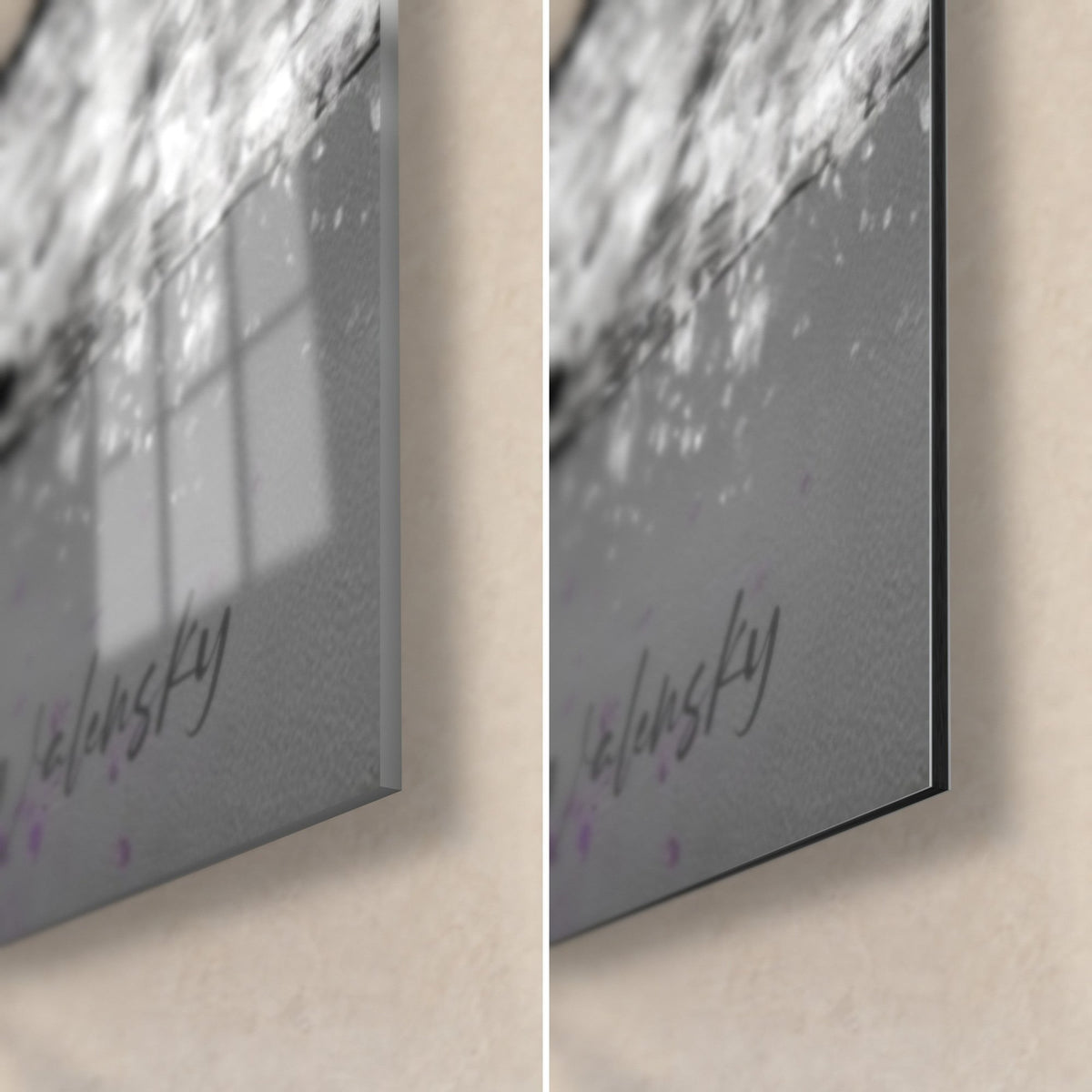 Schilderij freestyle springer op zwarte plank, rechtsonder: glanzend acrylglas links, mat grijs Dibond-aluminium rechts, 3 mm rand en signatuur