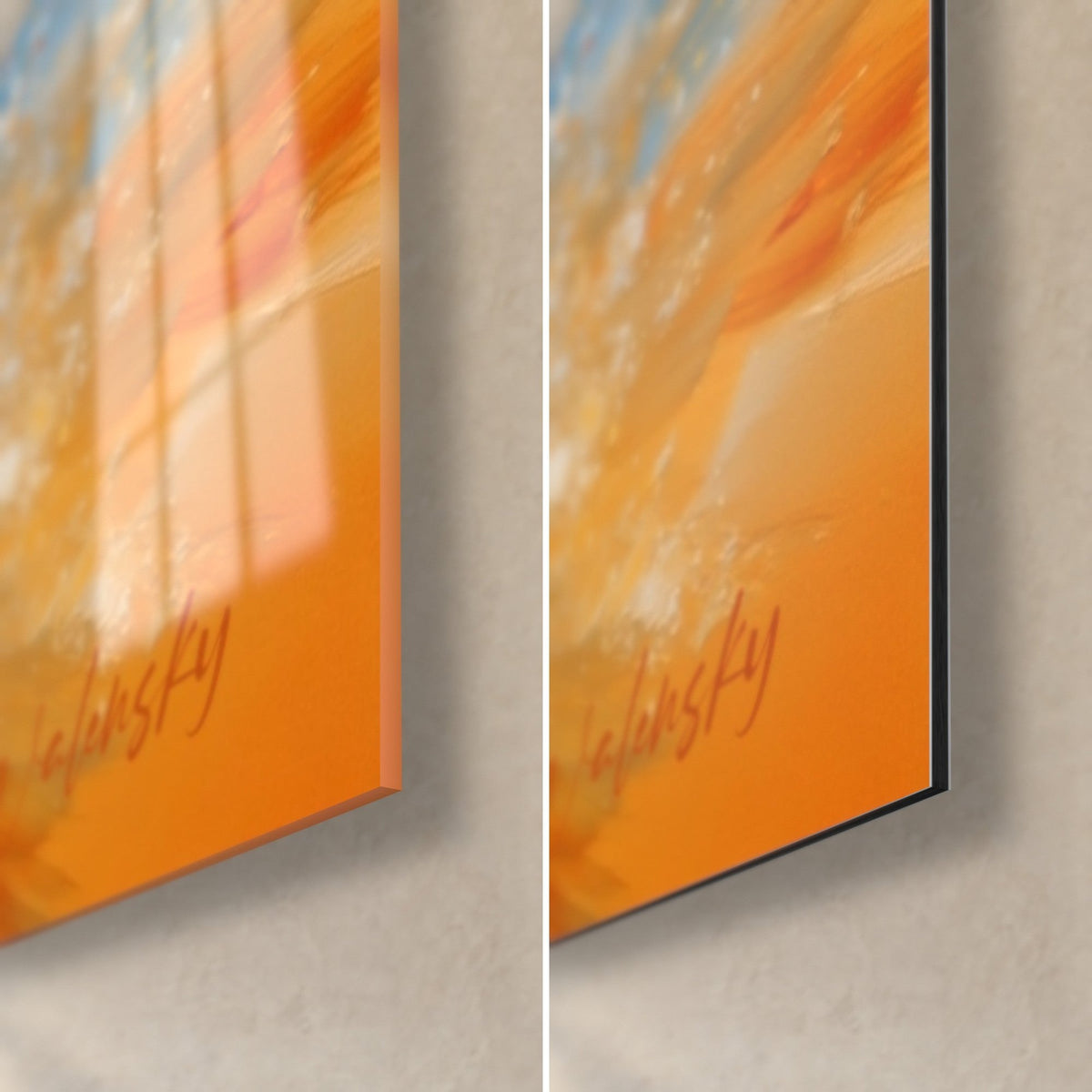 Tableau kitesurfeur en gerbe de peinture, coin bas droit : signature orange sur verre brillant à reflets et alu Dibond noir mat
