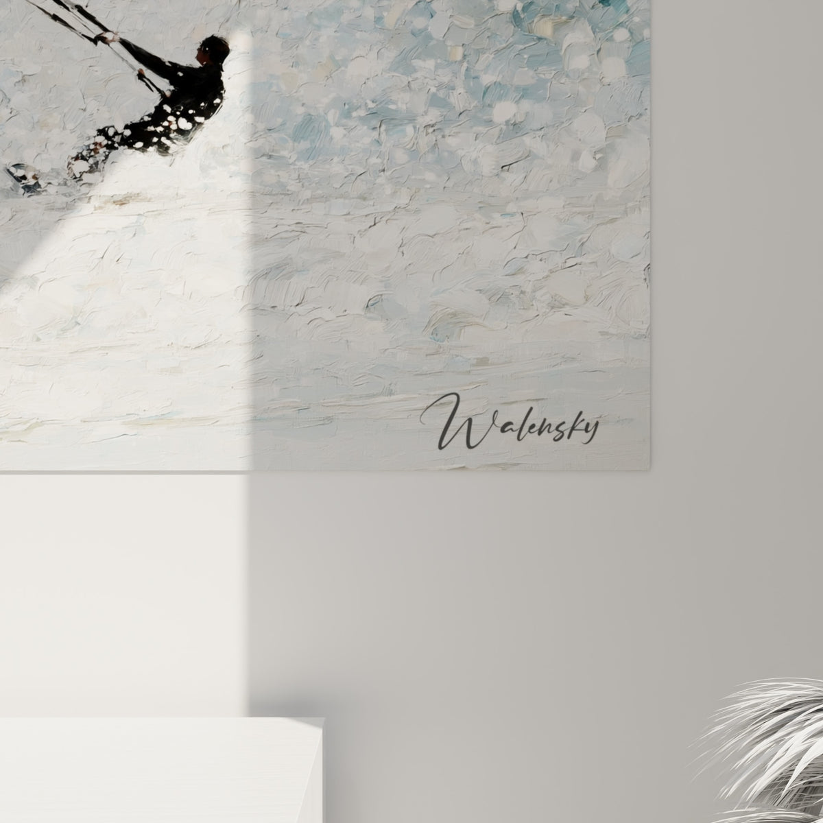Wall art windsurfer in black silhouette on a foaming wave, bottom right corner, glossy glass on the left, matte Dibond in pale blue and white on the right, 3 mm edge