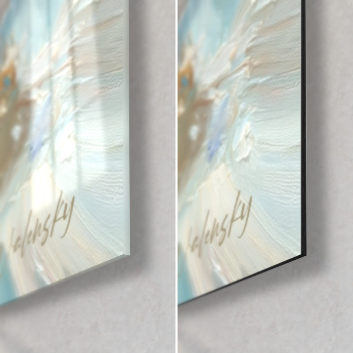 Tableau kitesurfeur éclaboussé, coin bas droit : verre acrylique brillant aux reflets, Dibond noir mat, tranche de 3 mm et signature dorée