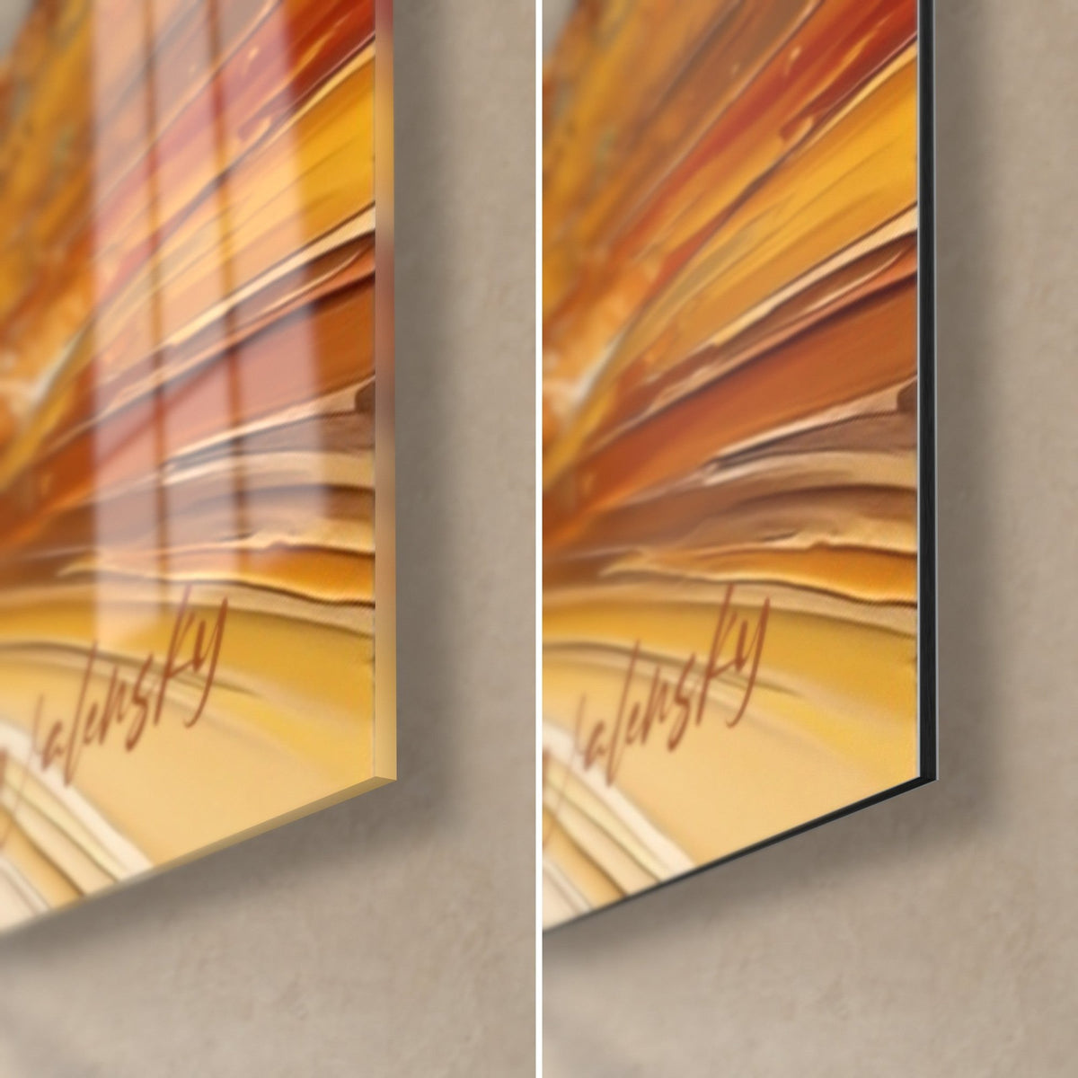 Tableau pratiquant de kite en pleine glisse, coin bas droit : verre acrylique brillant à gauche, alu Dibond mat à droite, tranche 3 mm