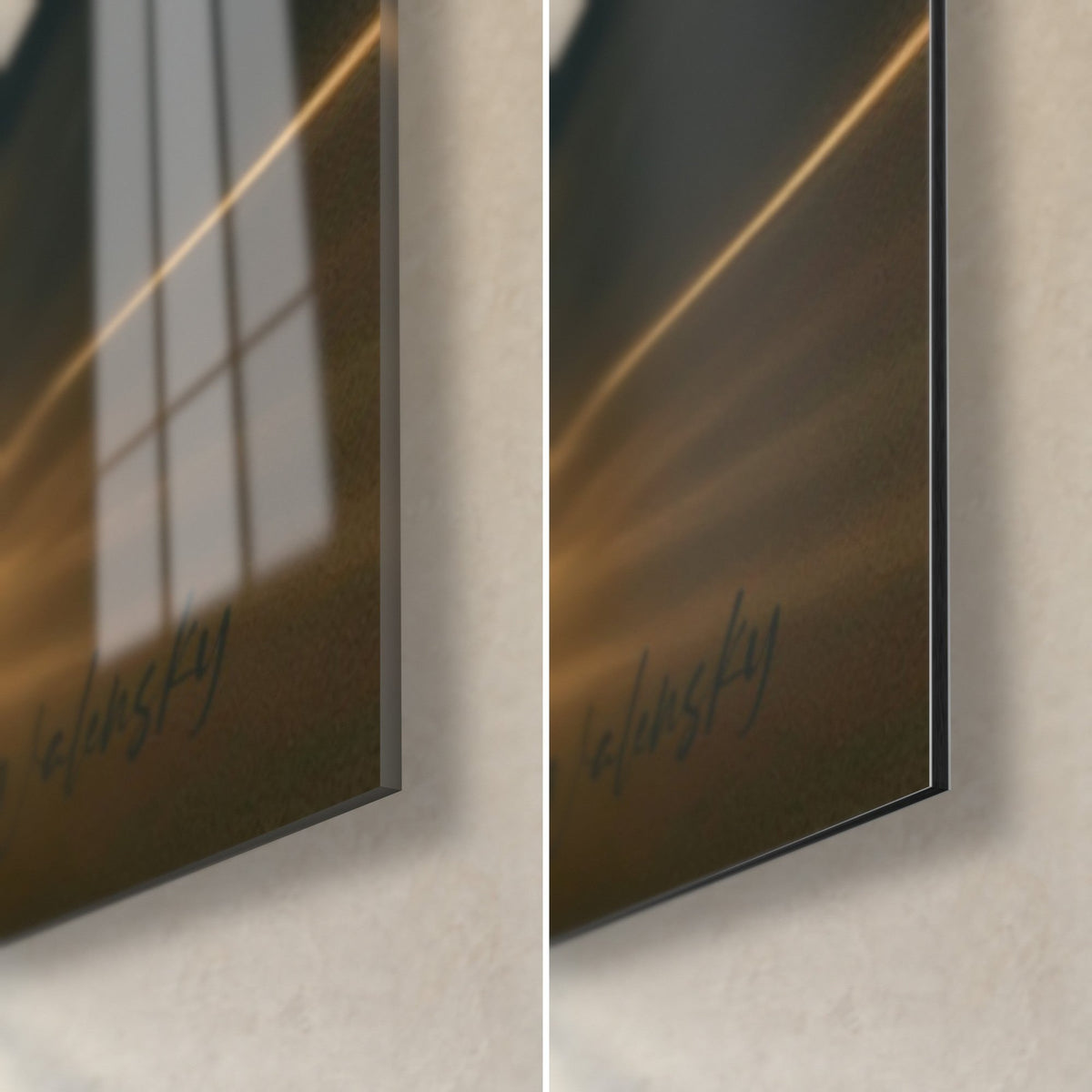 Wall art of a kiter against the light, bottom right corner: glossy acrylic glass on the left, matte Dibond aluminium on the right, 3 mm edge
