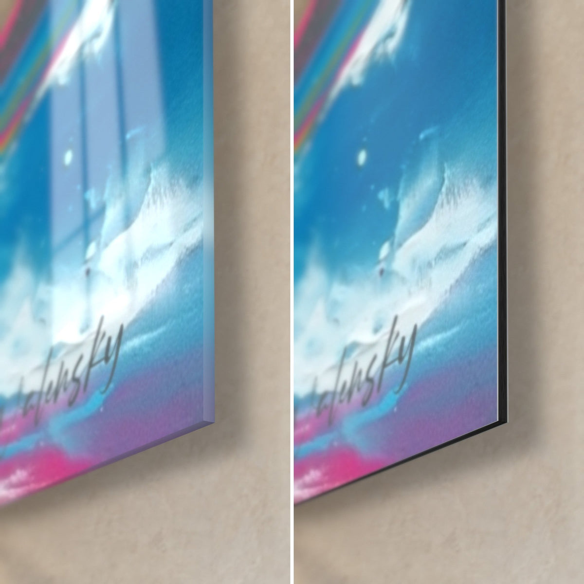 Gemälde Kitesurfer, untere rechte Ecke: glänzendes Acrylglas mit Reflexen links, mattes Dibond-Aluminium rechts, 3 mm Kante