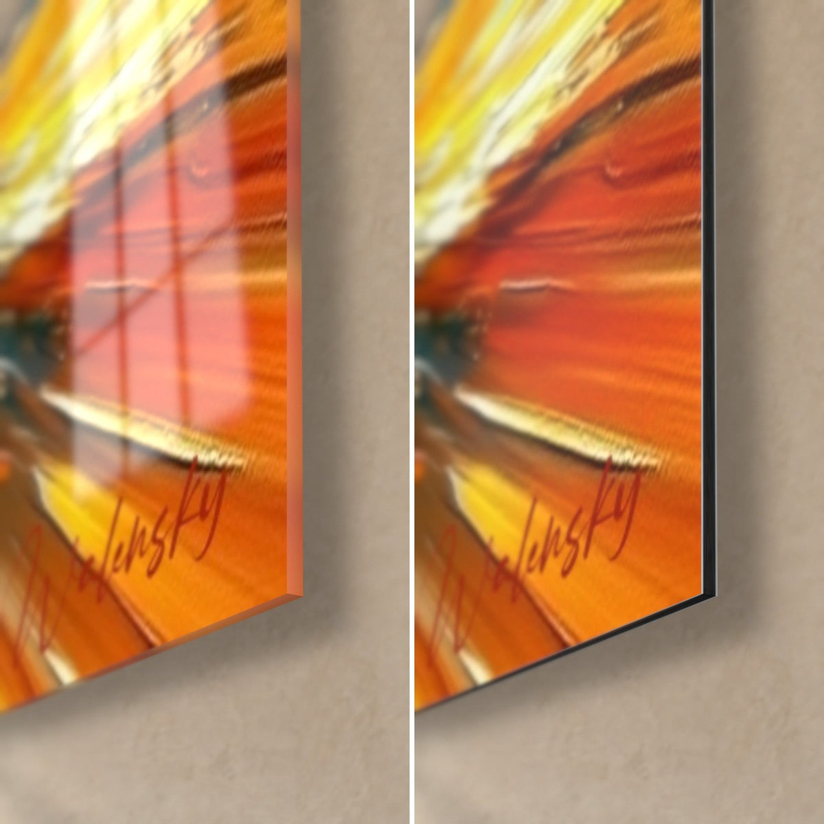 Tableau véliplanchiste doré de la peinture, coin bas droit : verre acrylique brillant reflétant l'orange, Dibond mat, tranche de 3 mm