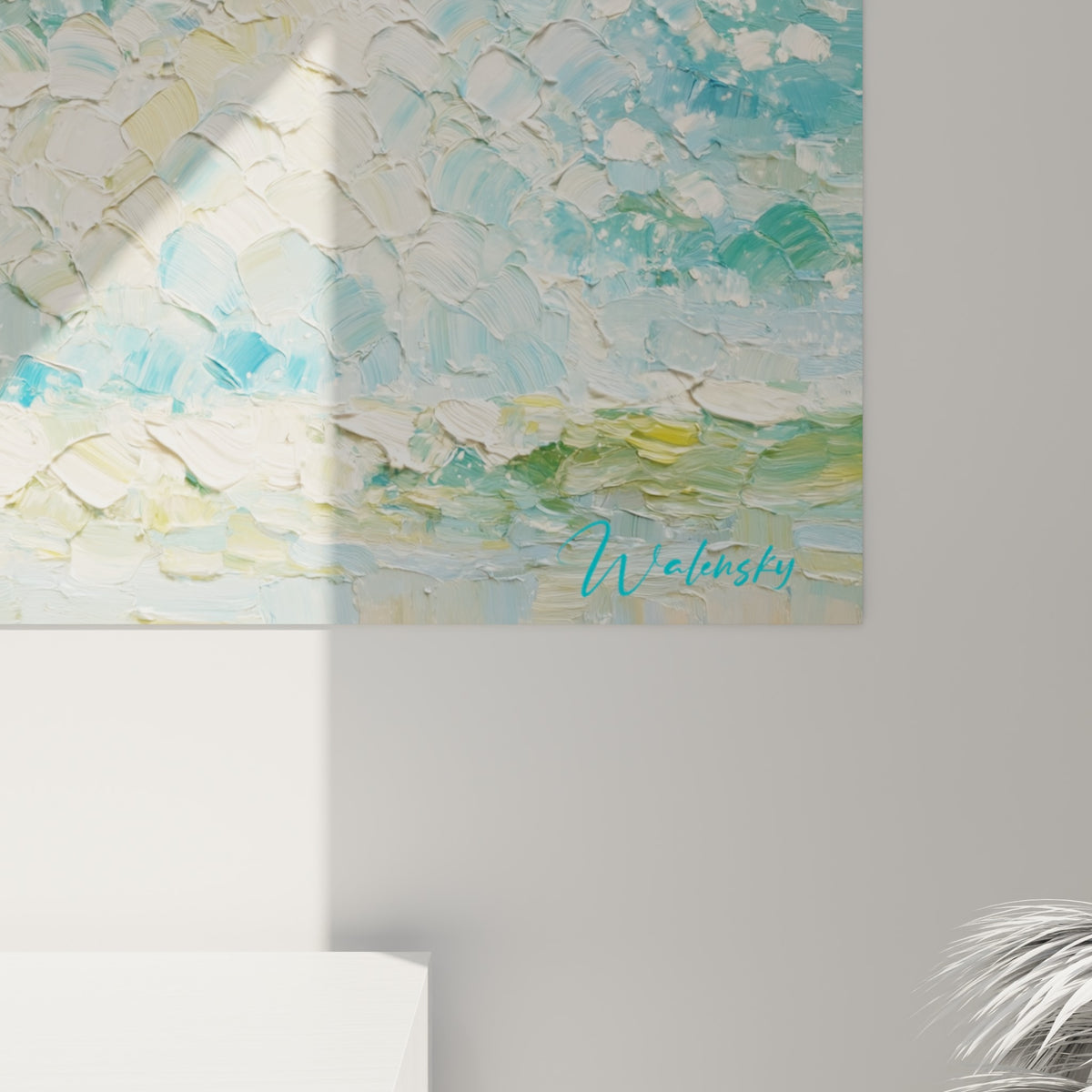 Empâtements épais de peinture bleu turquoise et blanc crème révélant la texture des vagues et de l'écume