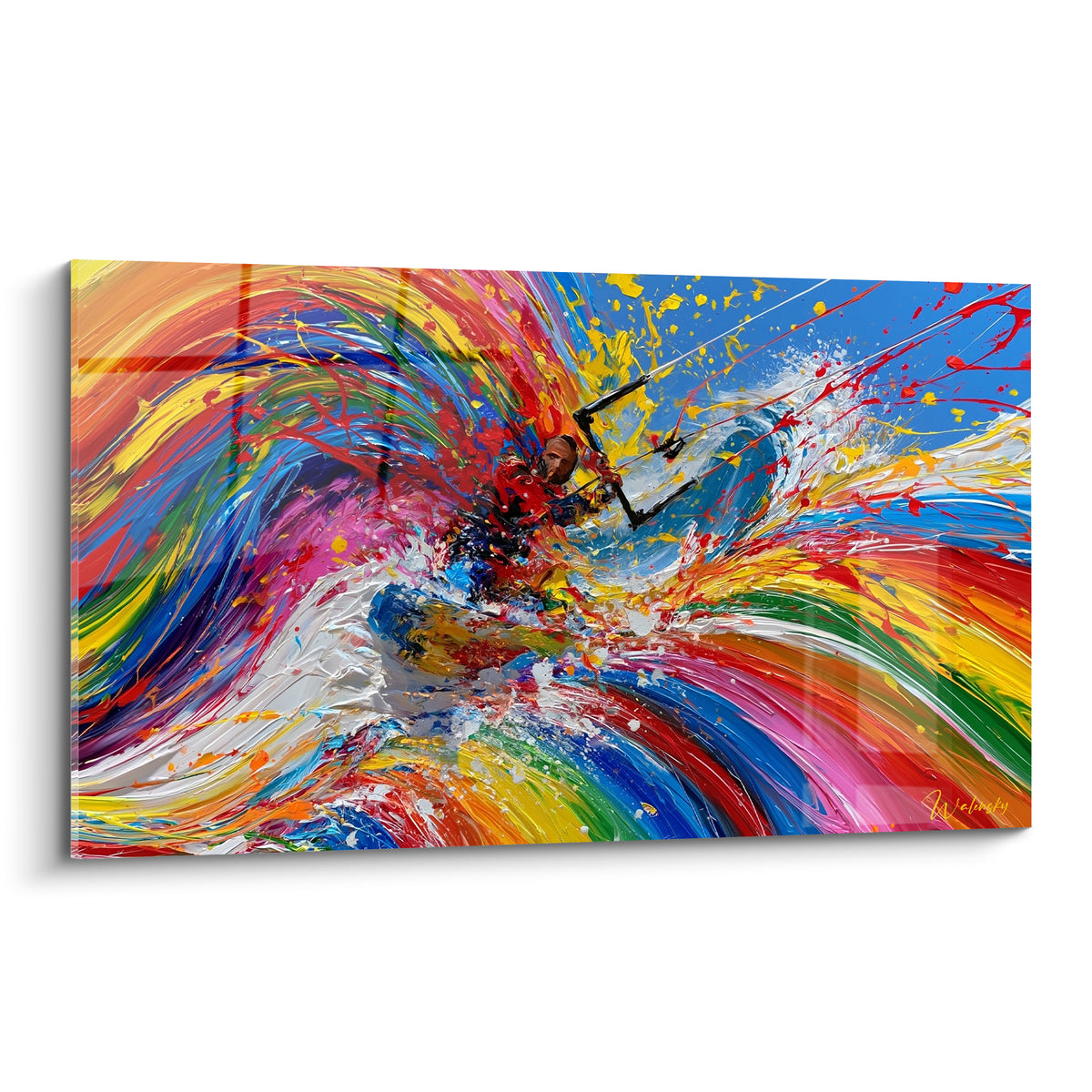 Kitesurfeur happé par un tourbillon rouge, bleu et jaune aux textures épaisses et vibrantes.