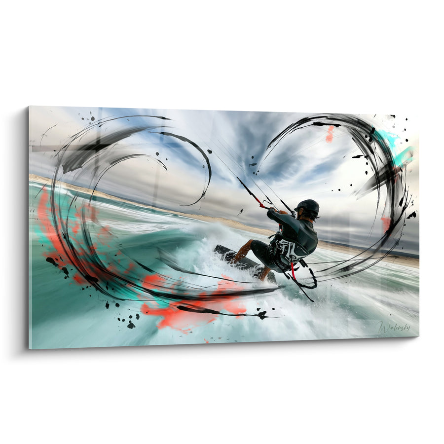 Tableau Kitesurfeur turquoise et noir sur vague - Vertige de la vague - Edition Kite surf
