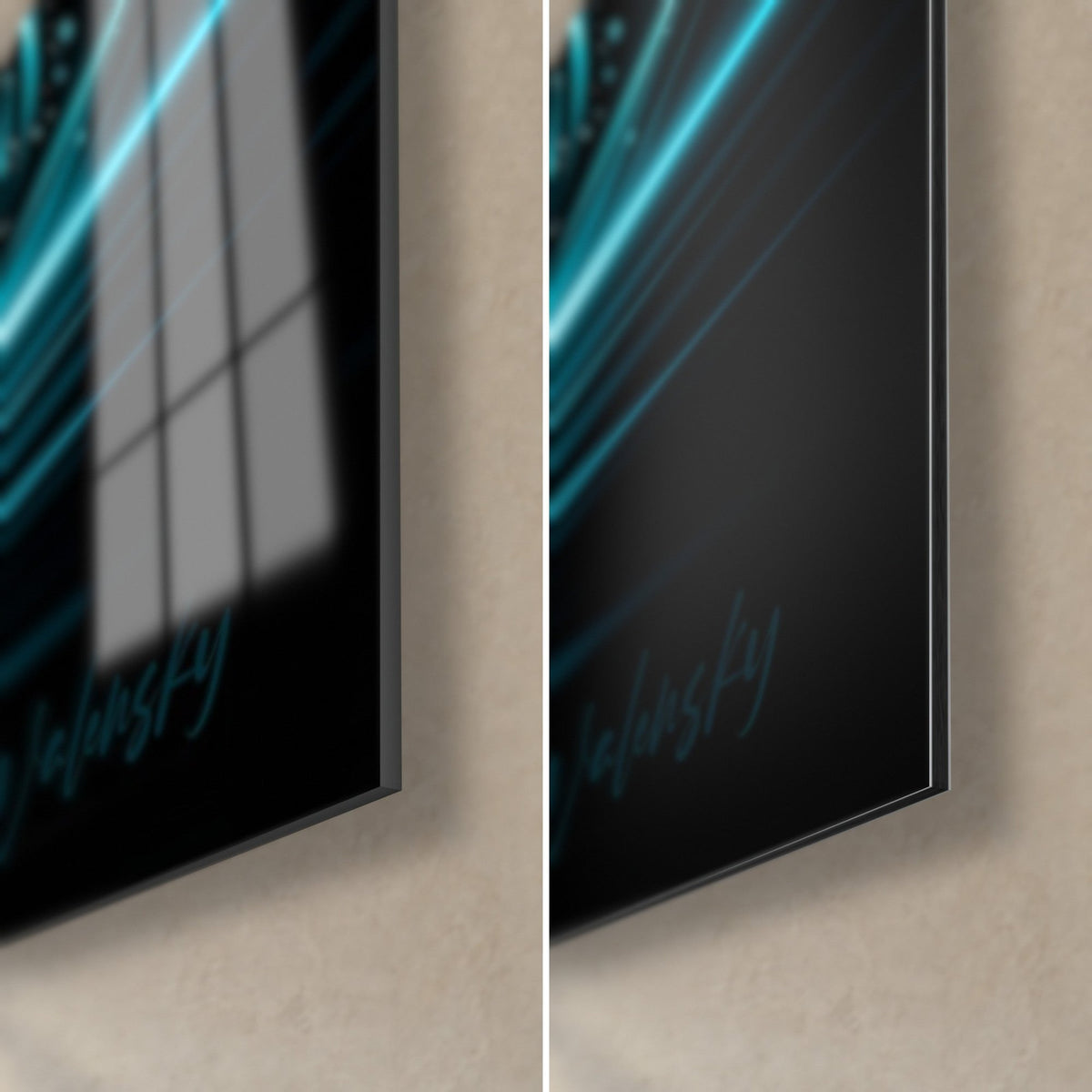 Wall art of a kitesurfer on a black background, bottom right corner: glossy acrylic glass with reflections on the left, matte Dibond aluminium on the right, 3 mm edge