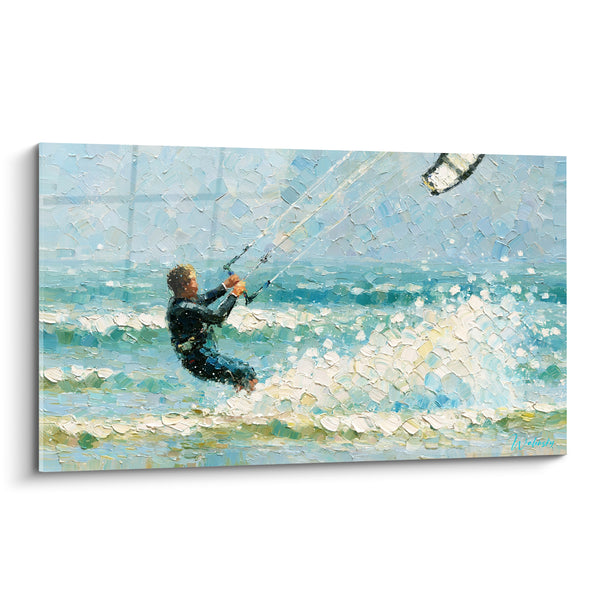 Tableau Kitesurfeur combinaison noire embruns turquoise - Fusion avec la vague - Edition Kite surf