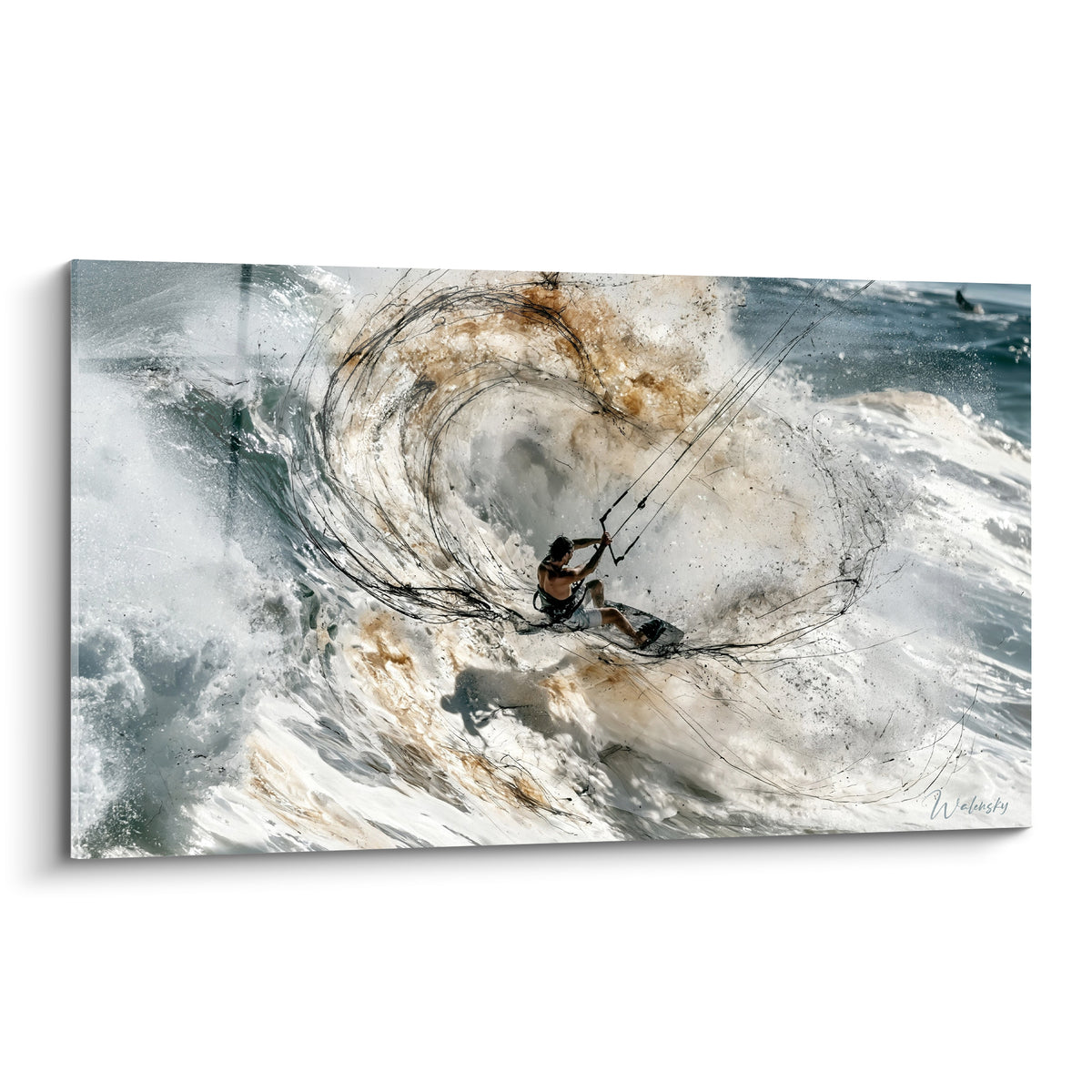 Kitesurfeur agrippé à sa barre dans une vague blanche et ocre en tourbillon d'écume