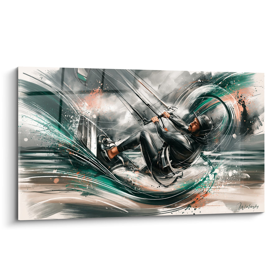 Tableau Kitesurfeur en combinaison noire sur vague turquoise - Envol maritime - Edition Kite surf