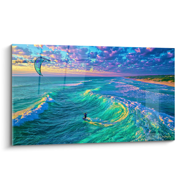 Tableau Kitesurfeur voile turquoise et violet sur vague tourbillonnante - Plage et dunes lointaines - Edition Kite surf