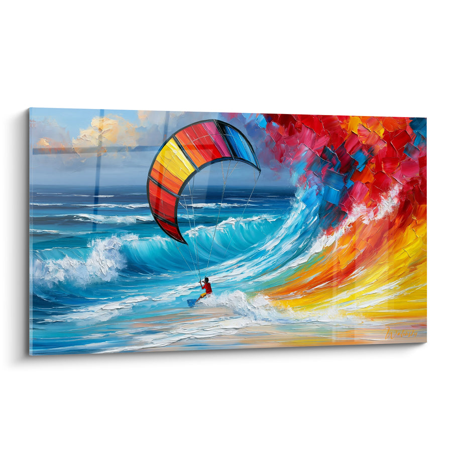 Tableau Kitesurfeur bleu turquoise vague écarlate - Embrasement des flots - Edition Kite surf
