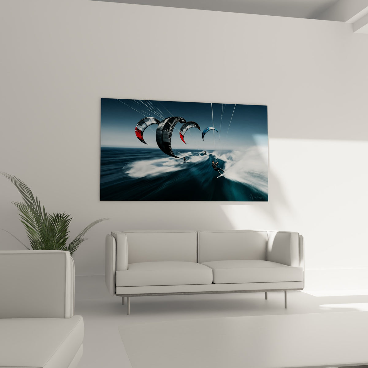 Vague bleu marine et écume blanche de cette œuvre kite surf au-dessus d'un canapé dans un salon lumineux