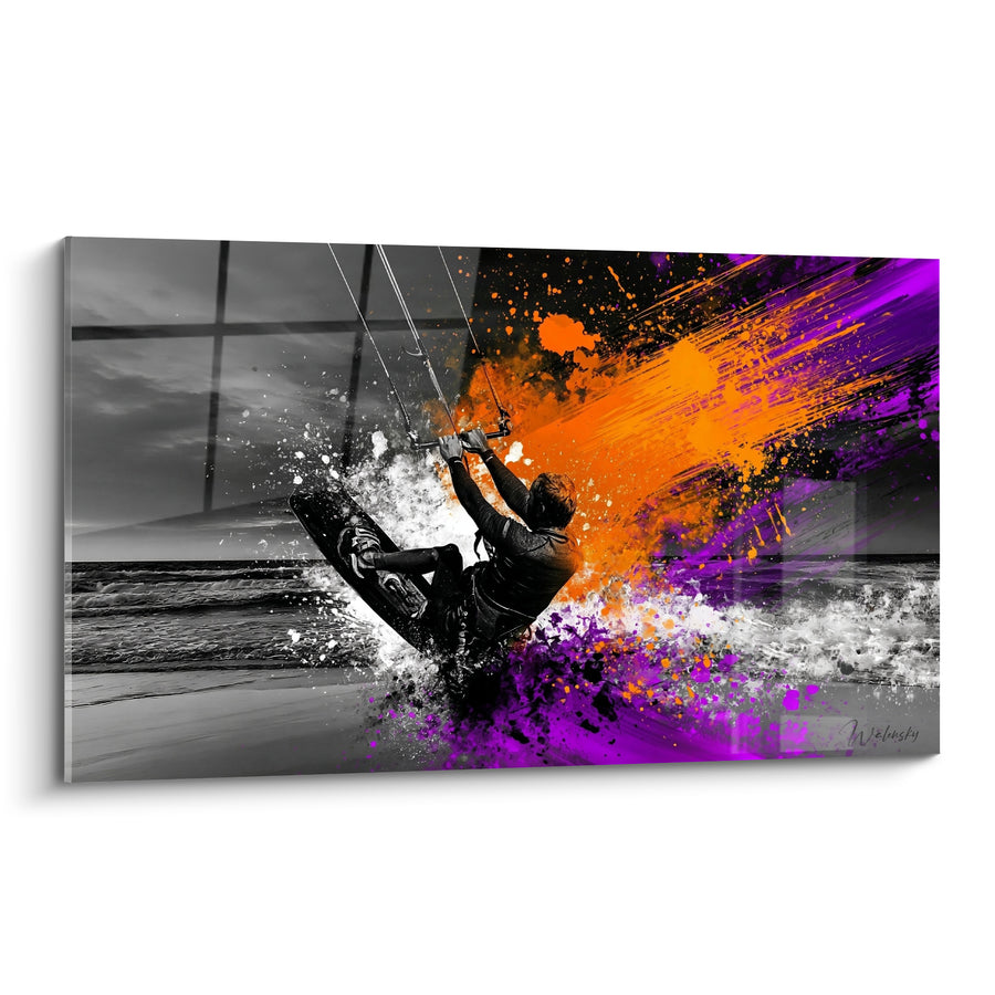 Tableau Kitesurfeur silhouette noire éclaboussures orange et violettes - Planche sur écume blanche - Edition Kite surf