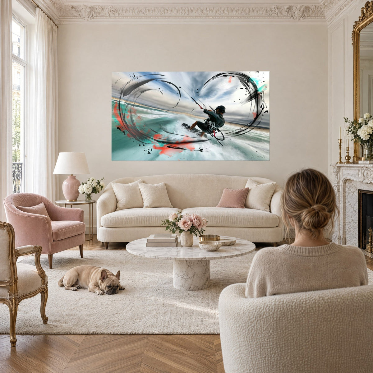 Tableau kitesurfeur casqué filant sur une vague turquoise, traits d'encre noire en spirale, au-dessus d'un canapé dans un salon lumineux