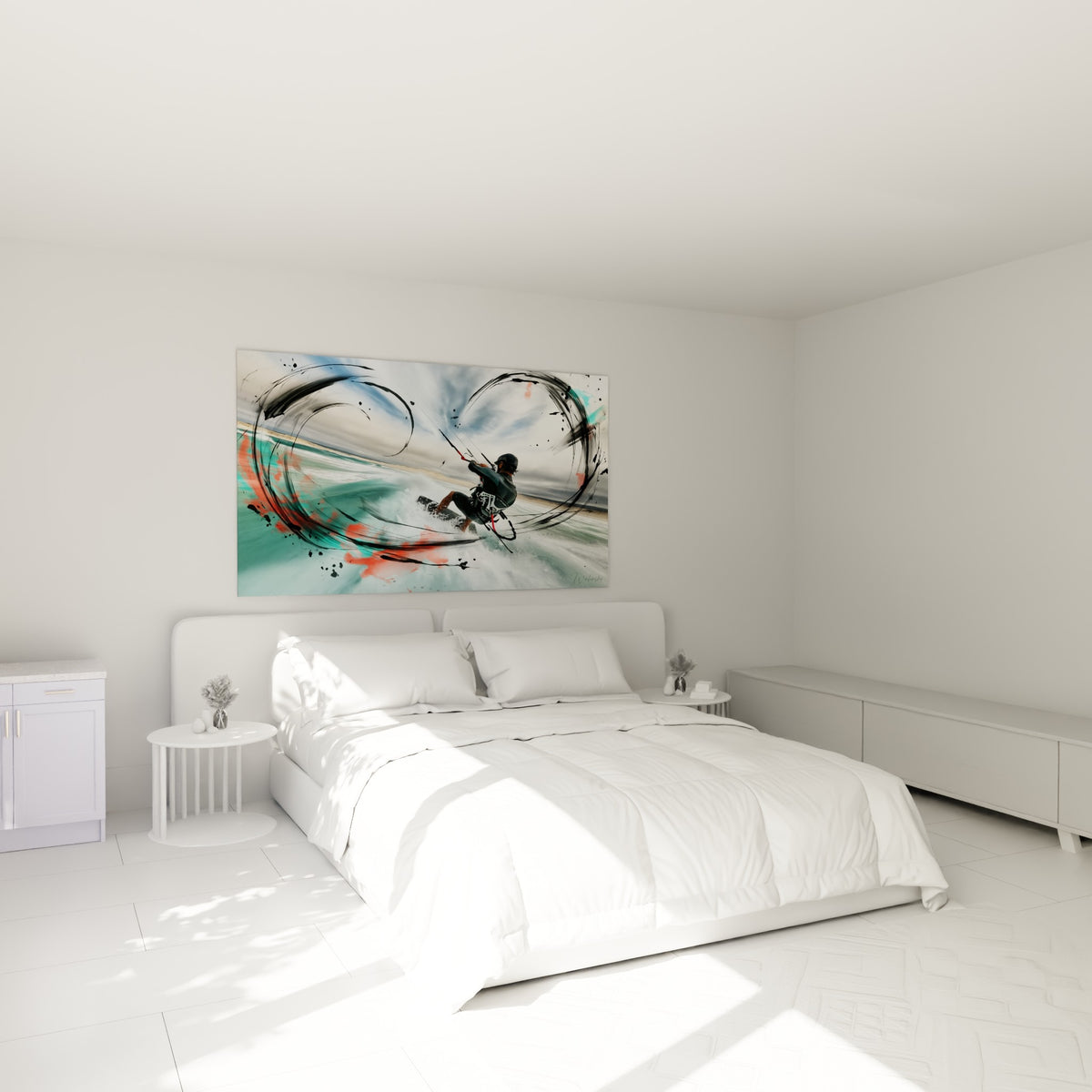 Sportif de kite surf capturé dans un virage corail et turquoise, accroché au-dessus d'un lit dans une chambre claire