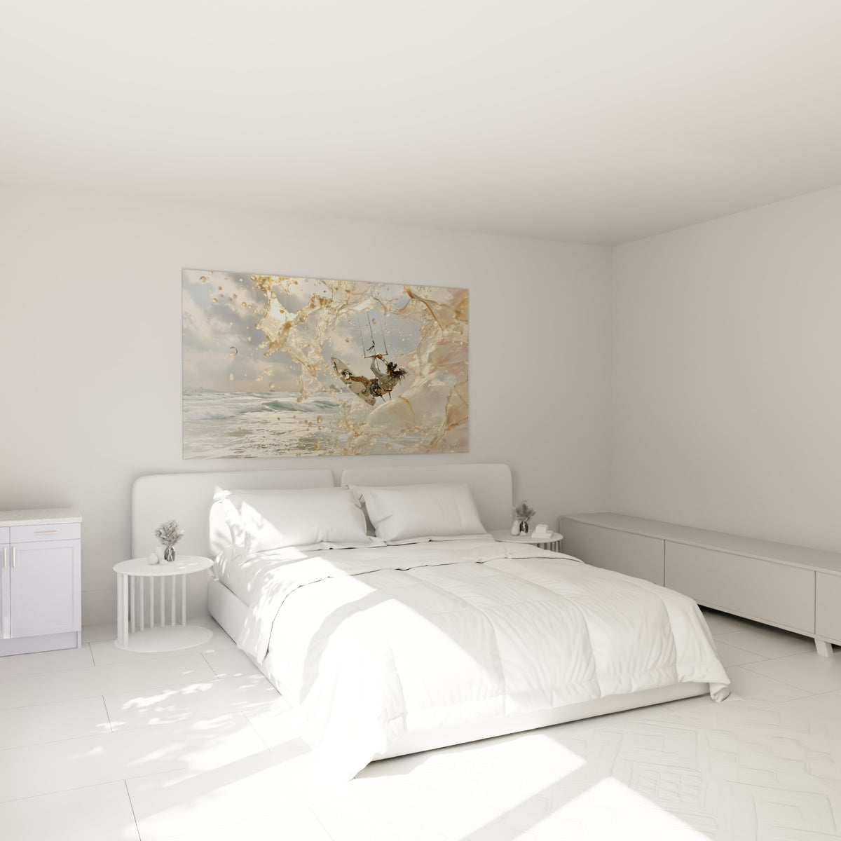 Sportif en plein saut de kite surf, tons dorés et bleu ciel, au-dessus d'un lit dans une chambre claire