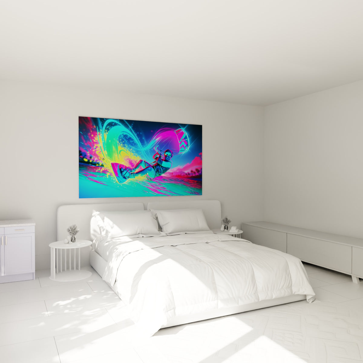 Rider incliné sous voile fuchsia et cyan électrique, au-dessus d'un lit dans une chambre claire
