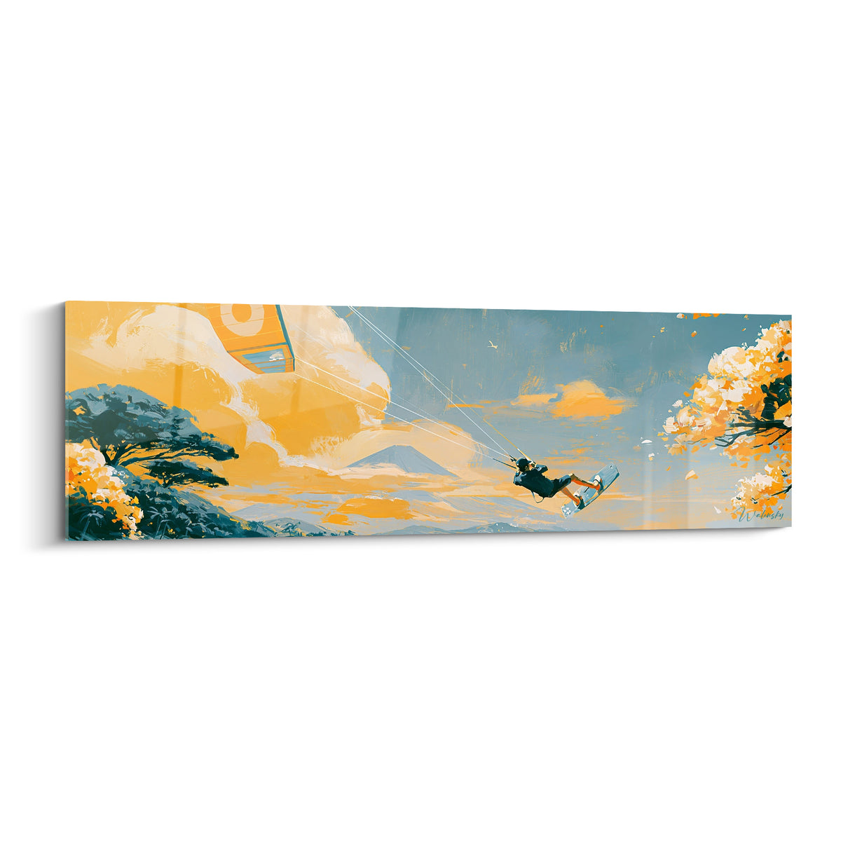 Kitesurfeur suspendu sous une voile orange, ciel bleu pastel et arbres fleuris en toile panoramique