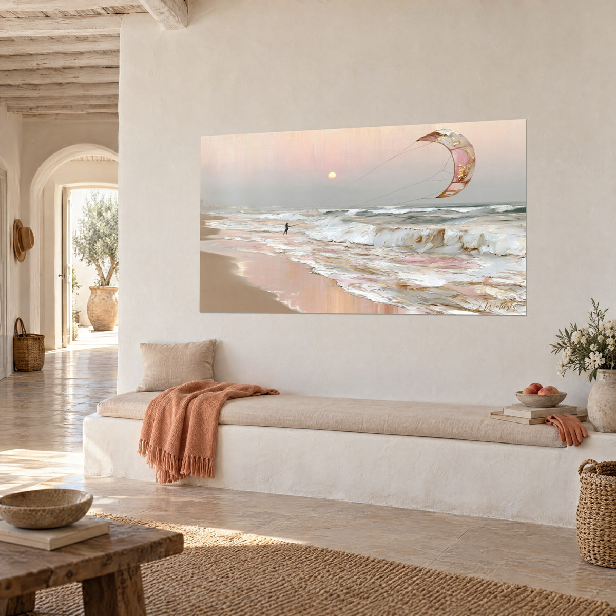 Wall art crescent-shaped pink and gold kite sail stretched over pearly waves, pale sun, white wall of a Mediterranean house
