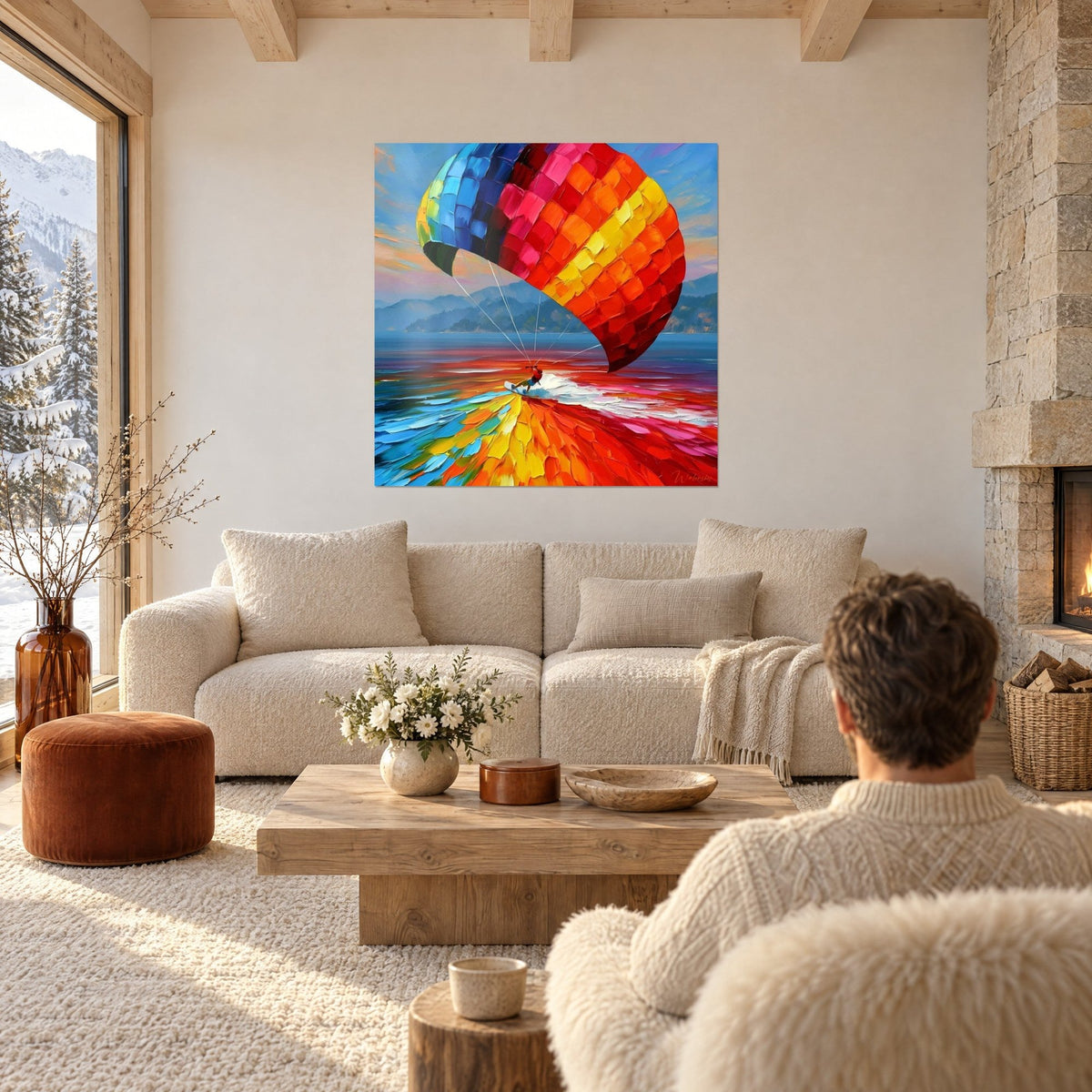 Tableau kitesurfeur sous une aile rouge, orange et bleue, trace d'écume sur la mer, au-dessus d'un canapé dans un salon lumineux