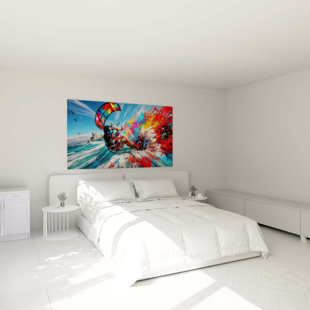 Sportif au cerf-volant arc-en-ciel jaillissant d'une gerbe rouge et turquoise, accroché au-dessus d'un lit dans une chambre claire