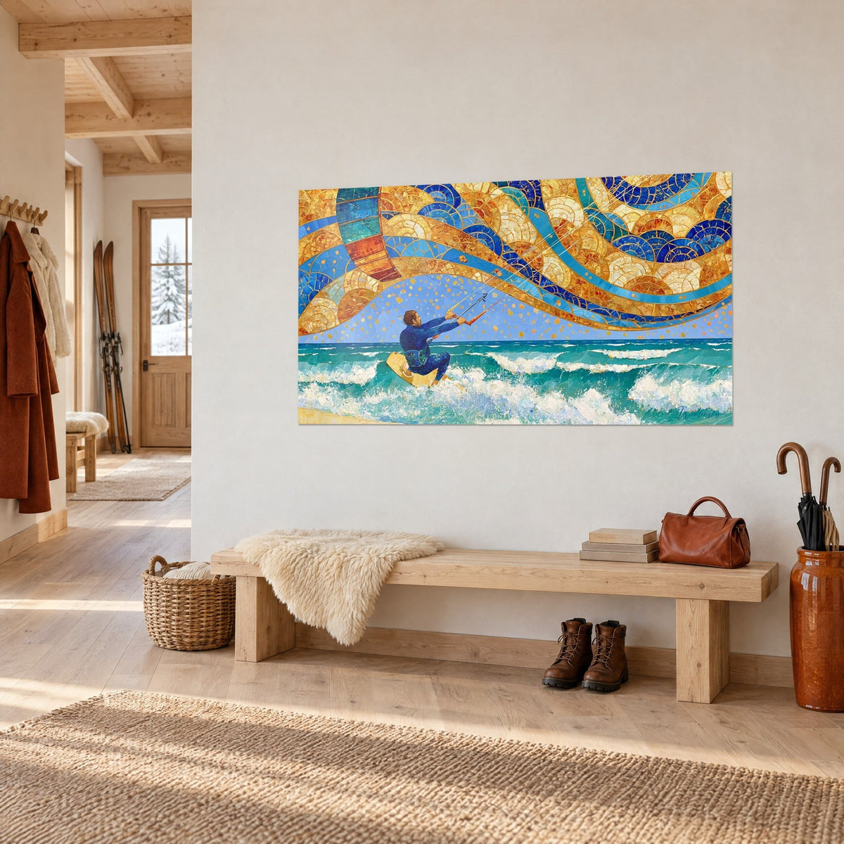 Tableau aile de kite en écailles dorées et bleu cobalt, sillage d'écume blanche sur la mer, accroché dans une entrée de chalet en bois clair