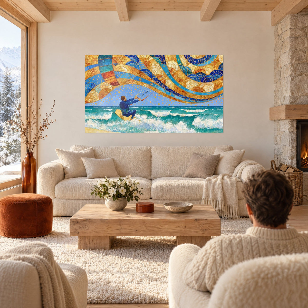 Tableau kitesurfeur en combinaison bleue tirant sa barre, voile mosaïque or et azur sur vagues turquoise, au-dessus d'un canapé dans un salon lumineux