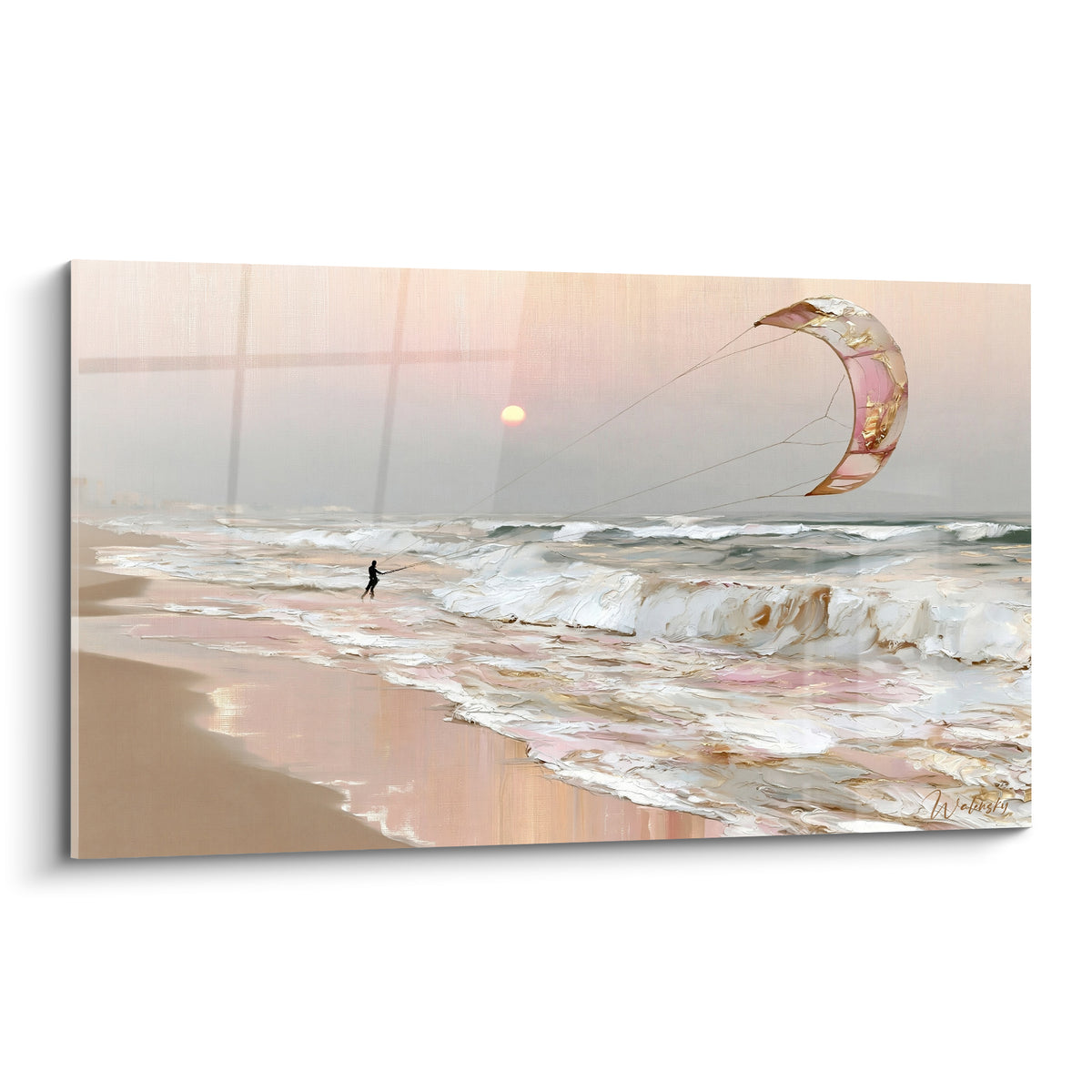 Kitesurfeur silhouette noire face aux vagues roses et dorées sous un ciel voilé