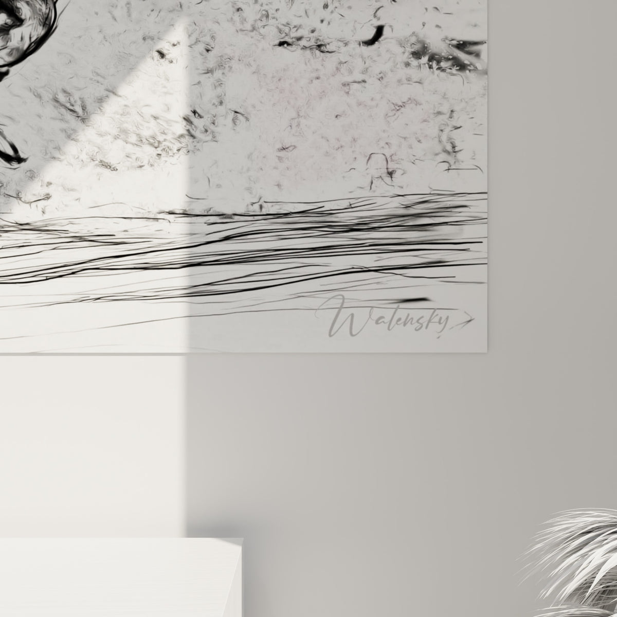 Détail du trait graphique gris et blanc, grain du dessin visible sur les éclaboussures figées