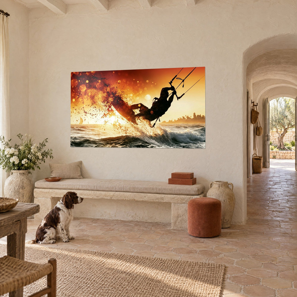 Schilderij van een kitezeiler die over de deining springt, amberkleurige en roestbruine spetters, witte zon, crèmekleurige muur van de mas, een spaniël zit ervoor