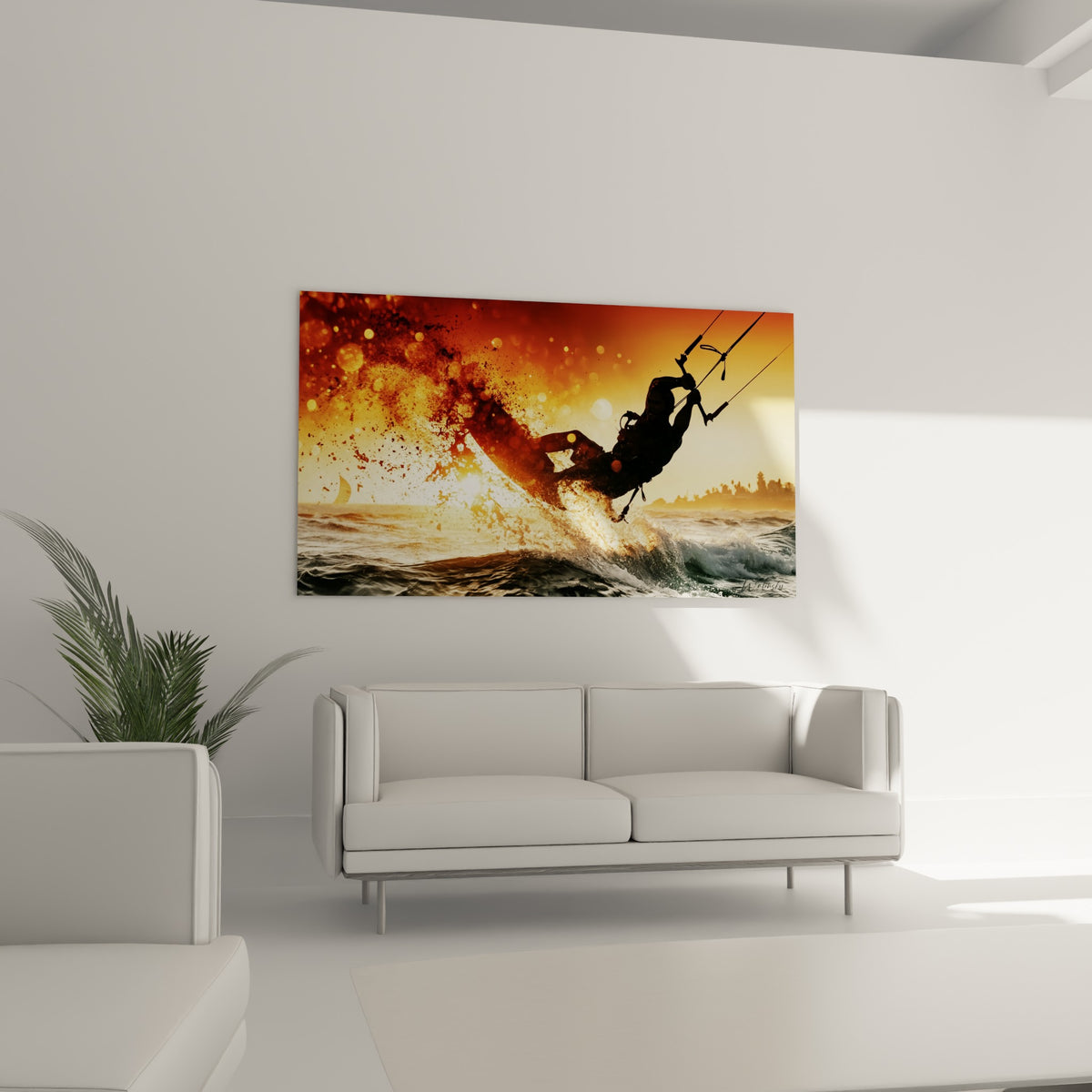 Silhouette de kitesurfeur suspendue entre écume blanche et ciel doré, au-dessus d'un canapé dans un salon lumineux