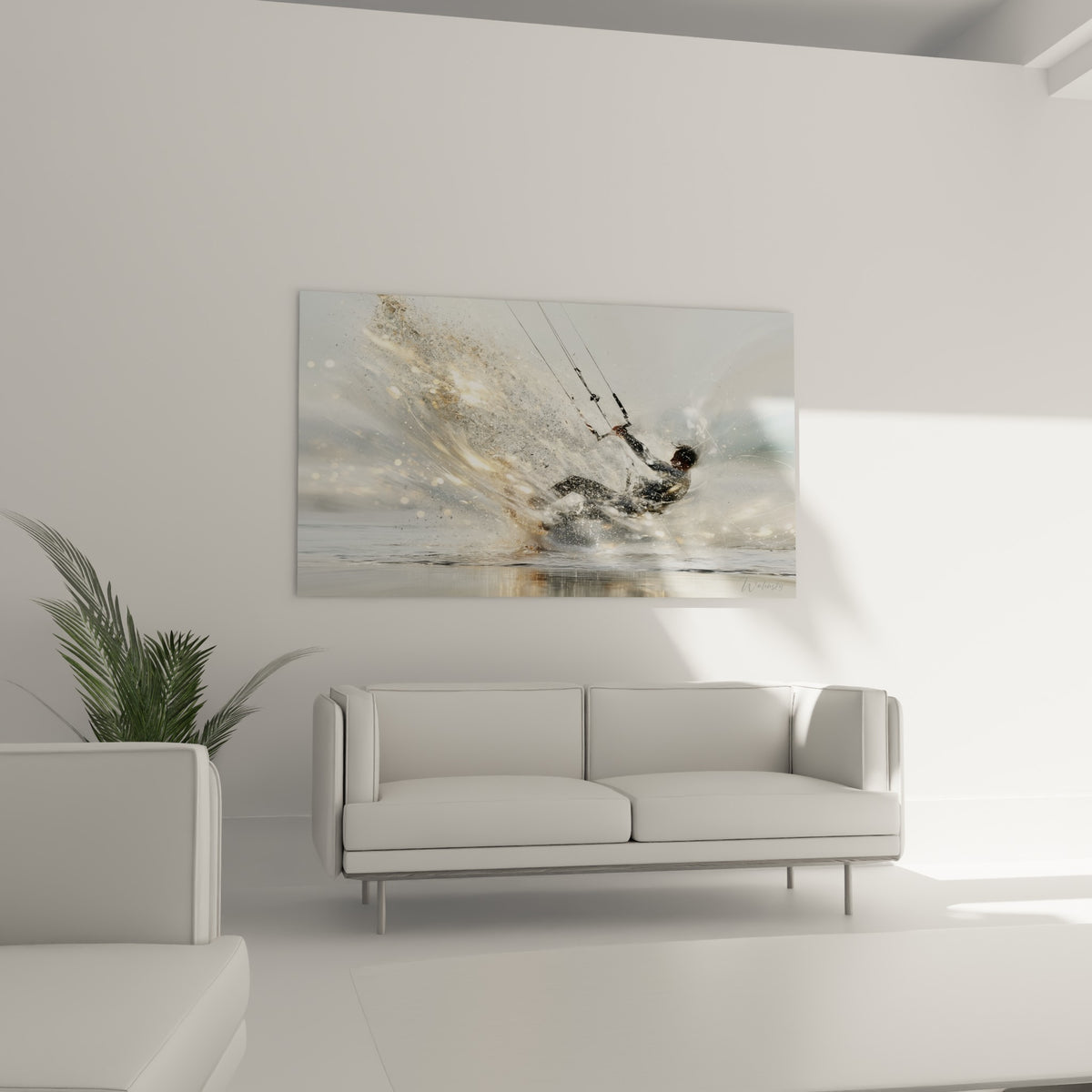 Silhouette de kitesurfeur éclaboussant l'eau dorée et blanche, au-dessus d'un canapé dans un salon lumineux