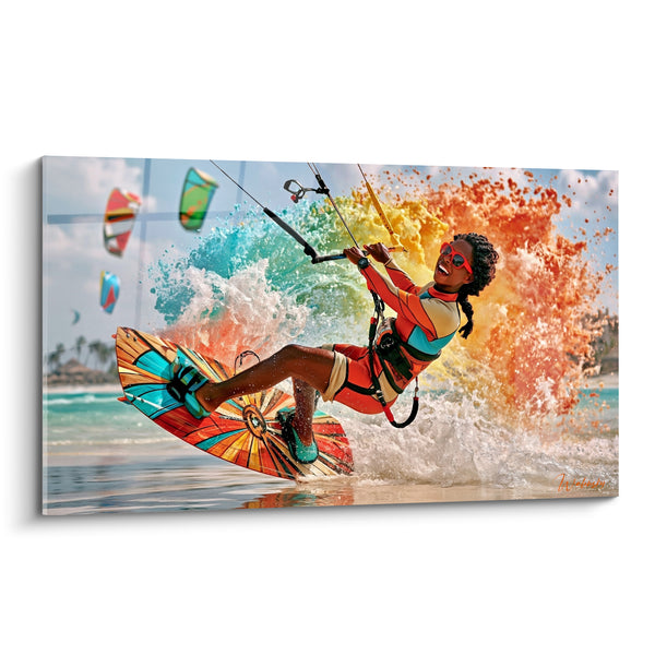 Tableau Kitesurfeuse aux éclaboussures turquoise et orange - Éclaboussure de bonheur - Edition Kite surf
