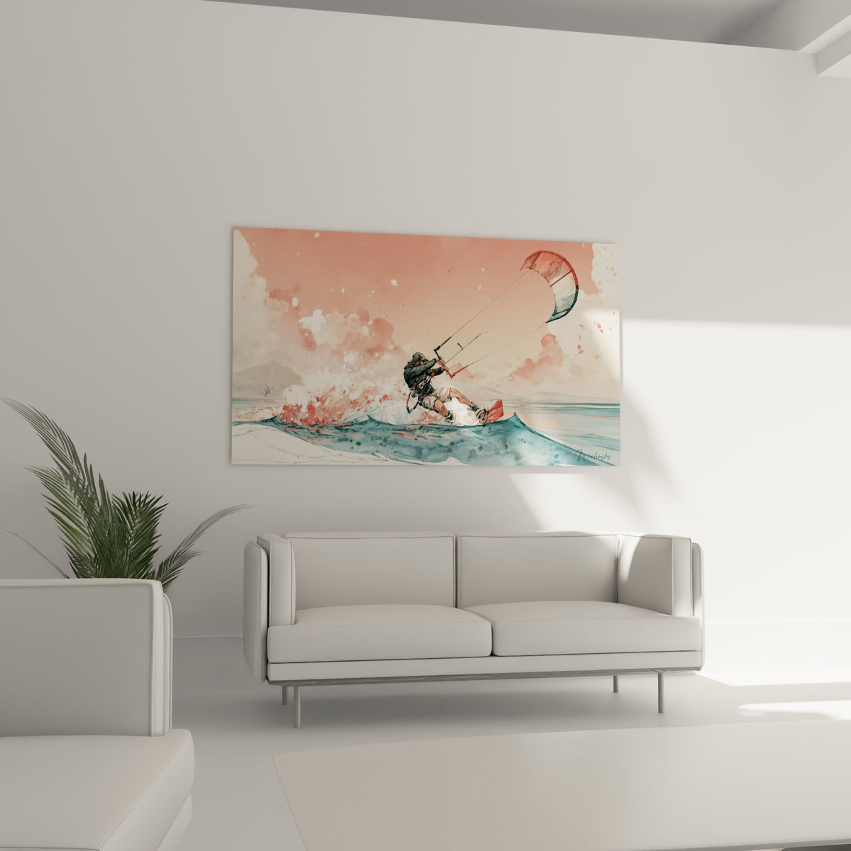 Silhouette sportive fendant une vague bleutée sous un ciel rosé, disposée au-dessus d'un canapé dans un salon lumineux