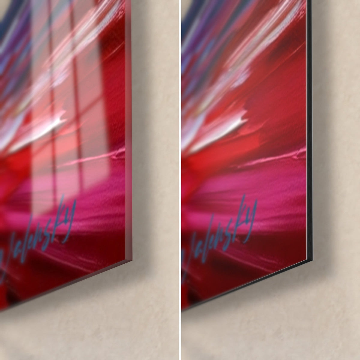 Tableau kitesurfeur sur vague pourpre et rose, coin bas droit en verre brillant et Dibond mat, tranche de 3 mm