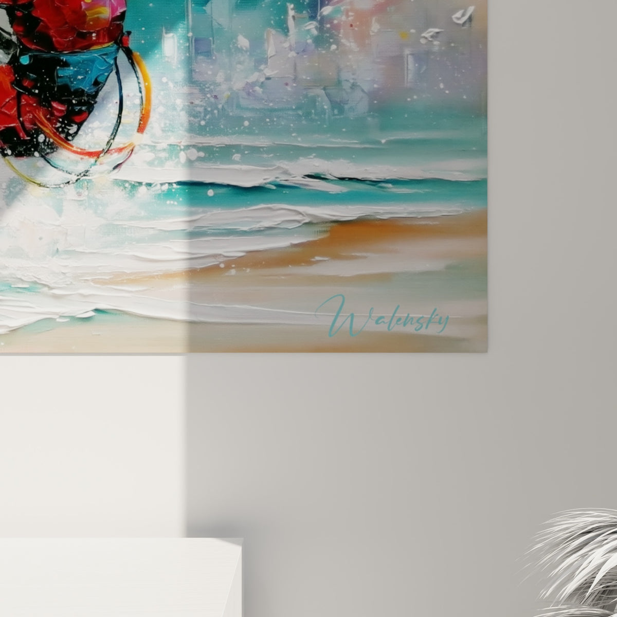 Empâtements épais et éclats magenta et jaune visibles de près sur la toile du kitesurfeur