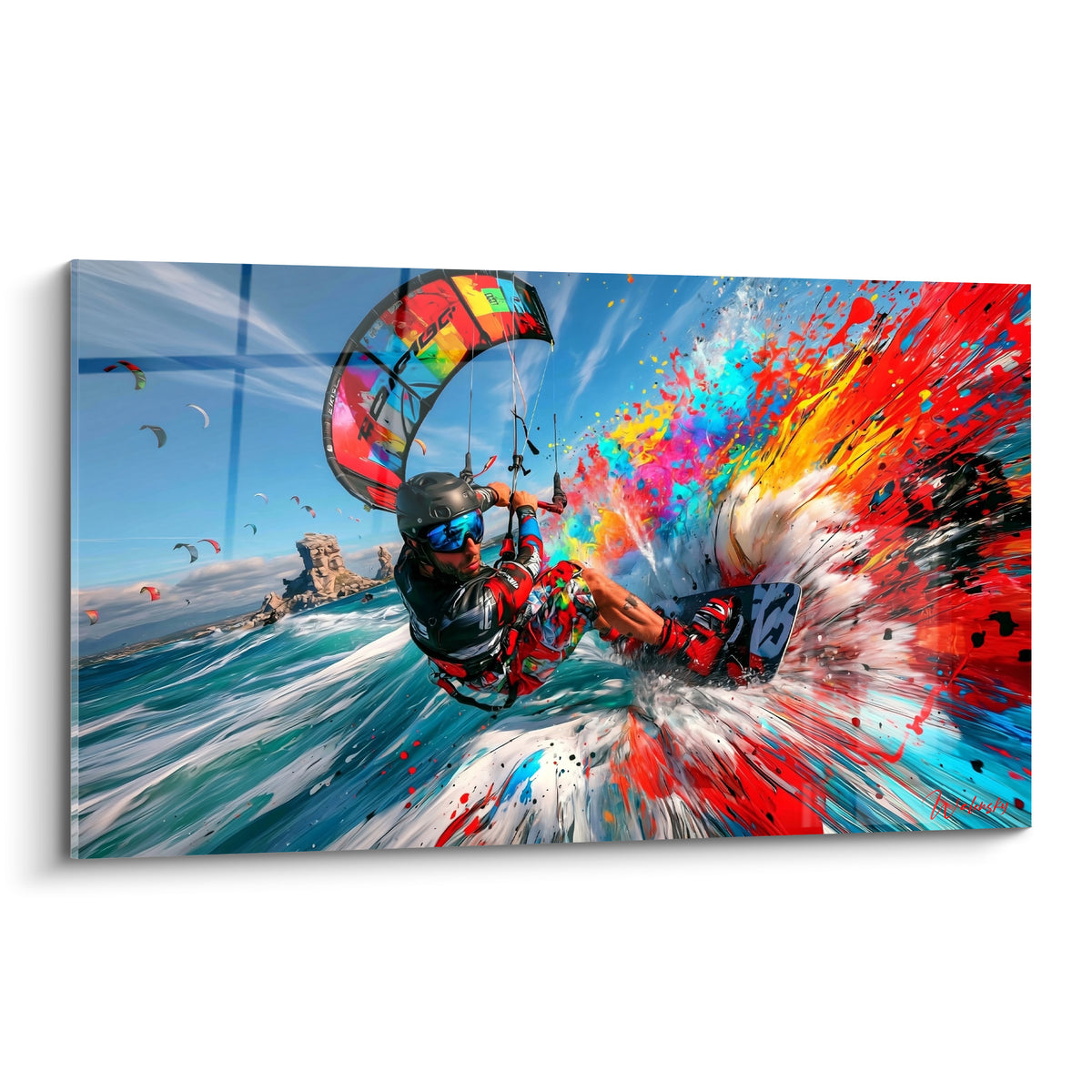 Kitesurfeur en combinaison rouge et casque anthracite fendant une vague turquoise dans une explosion colorée